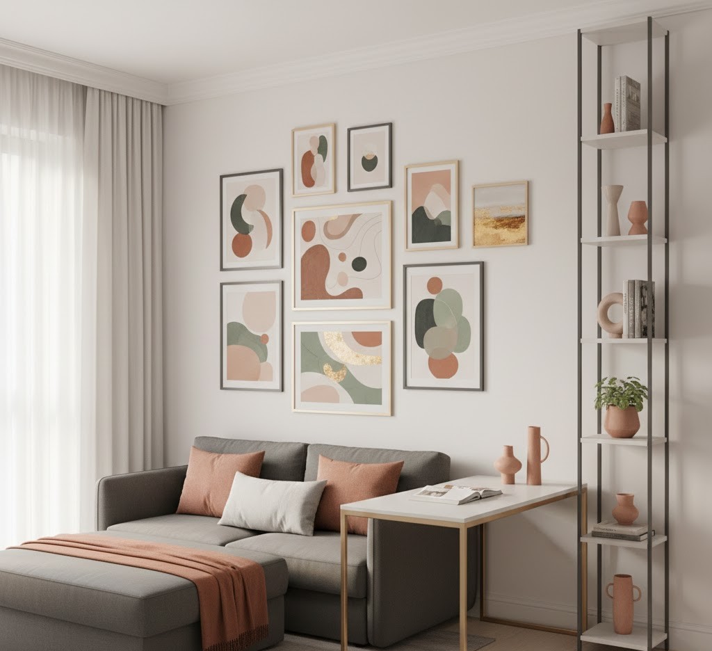 Curated studio apartment interior with vertical art placement