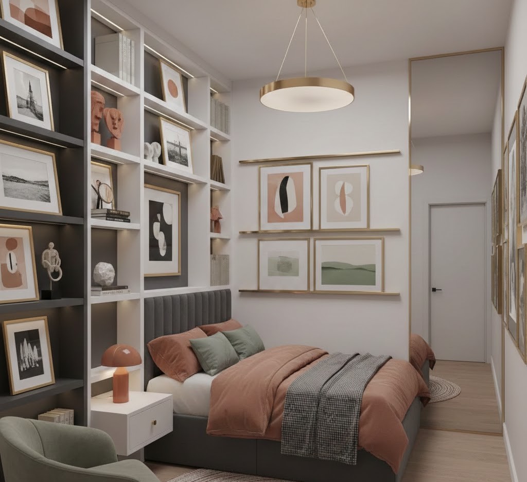 Compact bedroom with art display